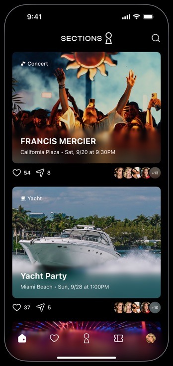 SECTIONS app showing curated events