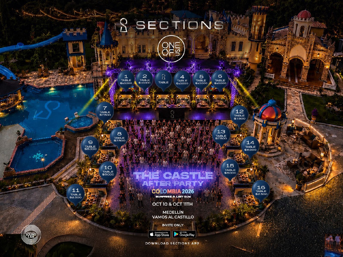 The Castle After Party Tables official flyer and table map
