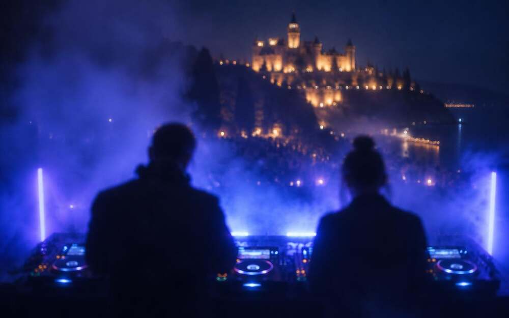 Two DJs silhouetted behind the decks with the castle in the distance